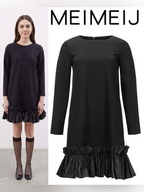 MEIMEIJ Tess Italy Black Taffeta Ruffle Shift Mini Dress XS 0 36 Goth Whimsygoth